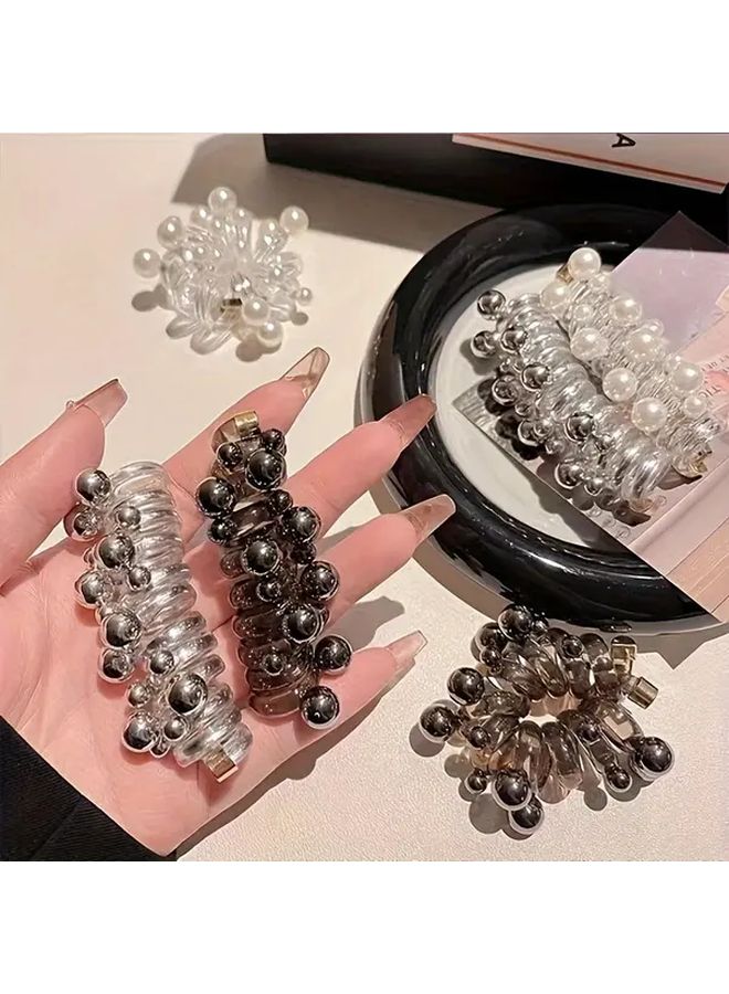 Silvery Telephone Cord Hair Ties Bubble Braid Beaded Head Rope Ponytail Hair Tie - Image 5